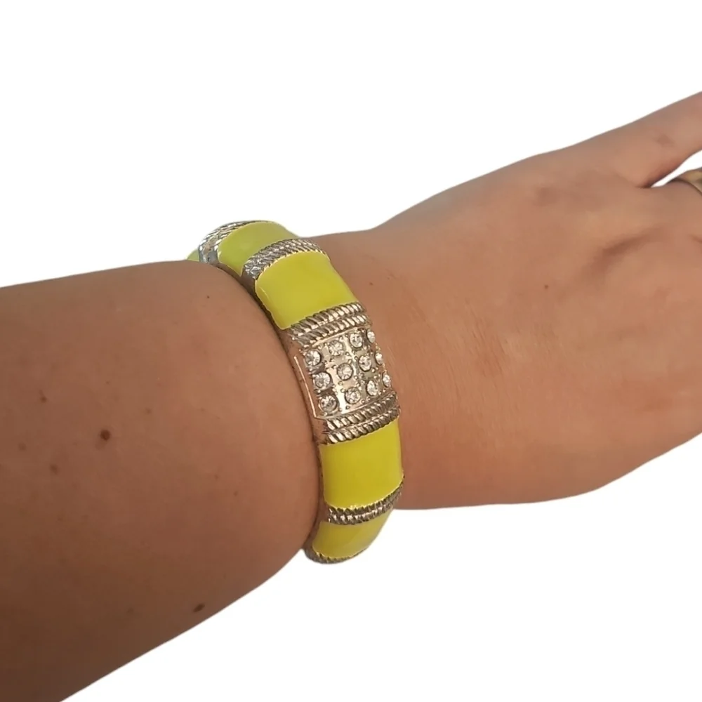 Yellow Enamel Silver Tone Hinged Bracelet, Clear Rhinestones, 1980s